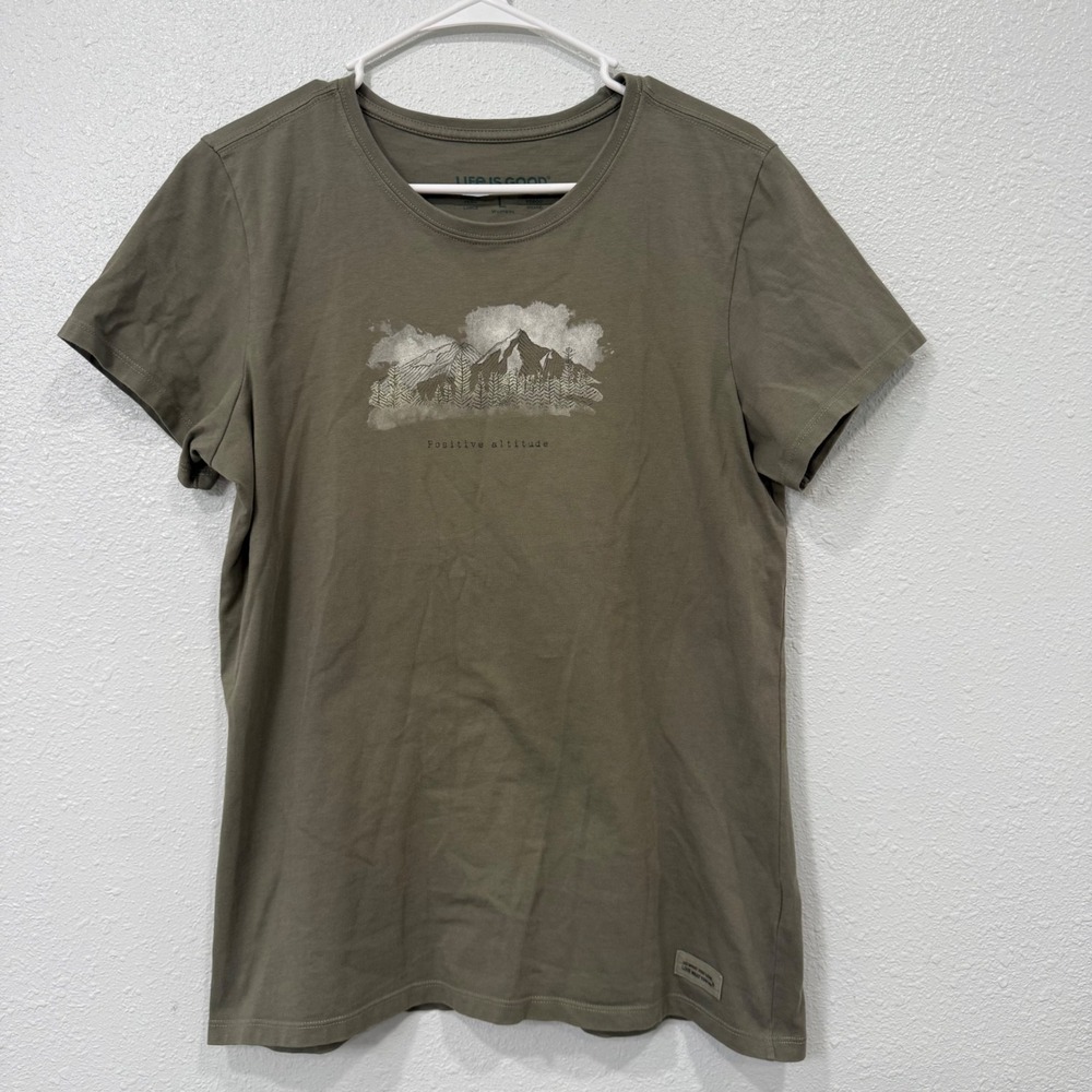 Life is Good Womens Crusher Tee Olive Green Mountain Positive Altitude Large